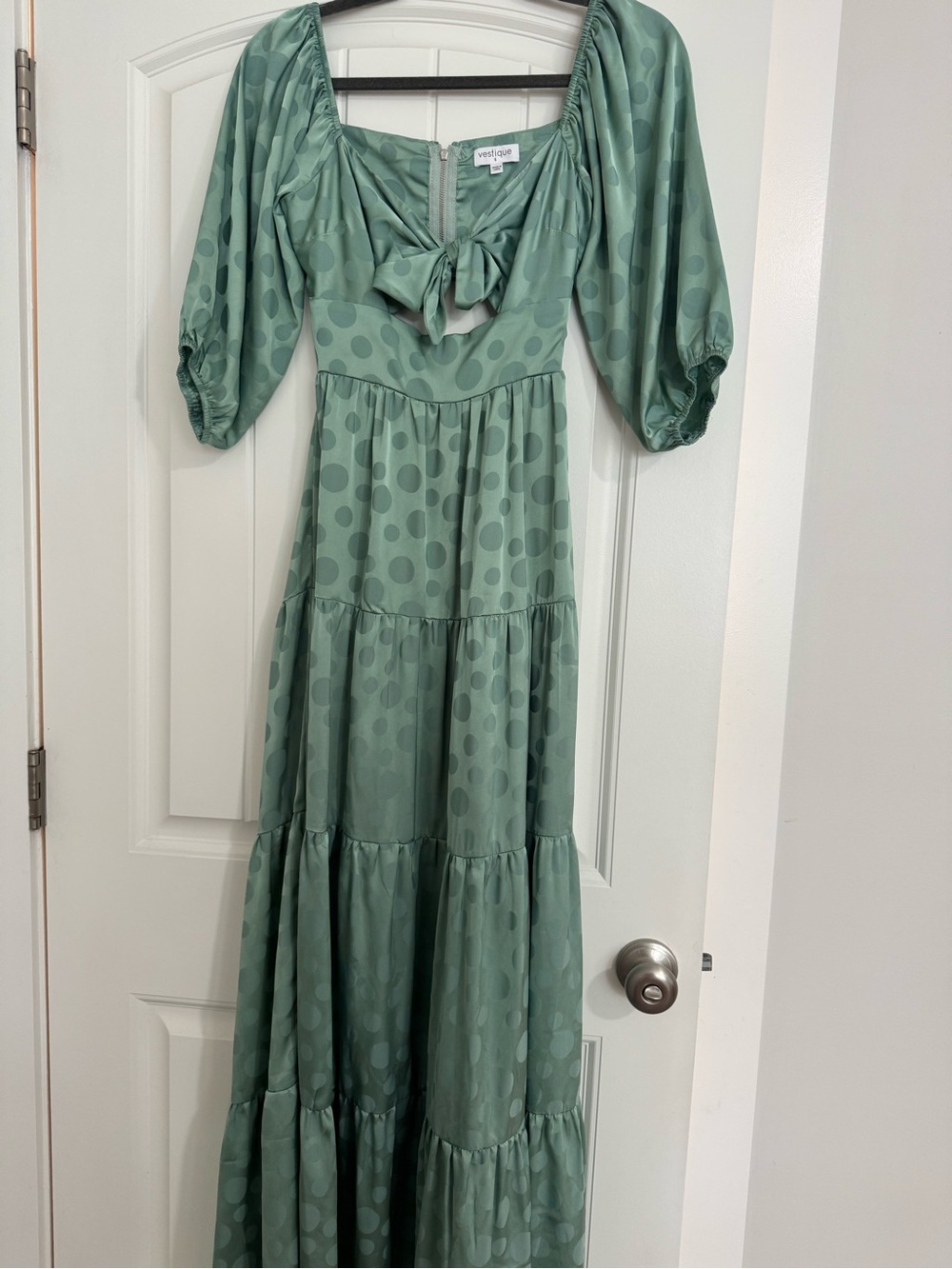 vestique Sage Green Polka Dot Maxi Dress with Puff Sleeves and Tie Front